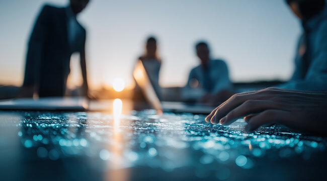 Hand touching glowing interactive surface with blurred silhouetted people and sunset.

