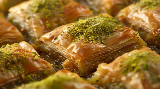 Close-up of baklava with a golden glaze and green pistachios.