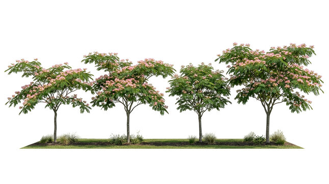 silk trees, mimosa tree, albizia julibrissin, pink flowers, blooming tree, isolated, black background showing a row of four ornamental plants with lush green foliage for landscaping.