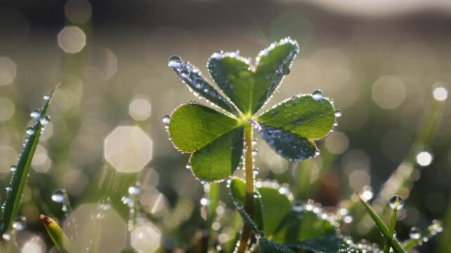 Clover Plant with Dew Drops in Morning Light.