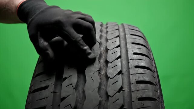 Close Up Of Gloved Hands Rotating A Car Tire Tread On A Green Screen Background For Automotive Service And Maintenance Concepts