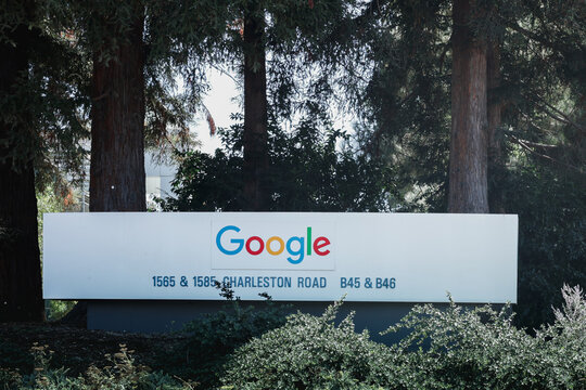 Mountain View, California, USA - August 24, 2025: Google logo sign near the Google headquarters campus in Silicon Valley.
