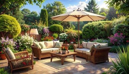 Fototapeta premium Beautifully landscaped garden patio with comfortable outdoor seating