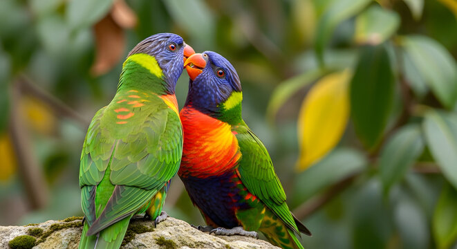 Colorful parrots lovebirds affectionate closeup