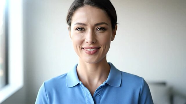 Smiling young woman in a blue polo shirt, looking confidently into the camera, indoor portrait