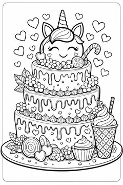 Whimsical unicorn cake with sweets for party coloring