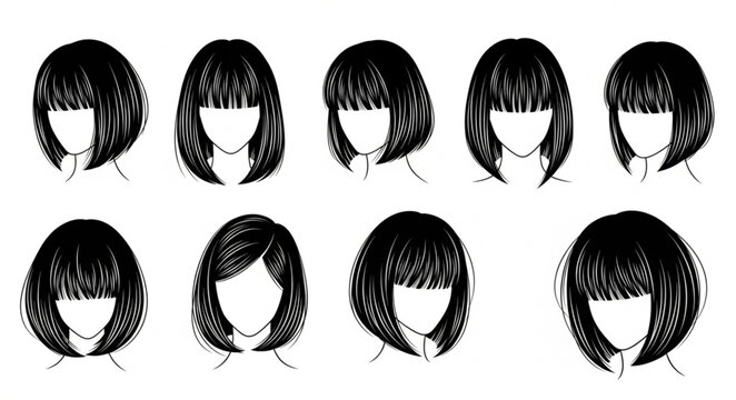 Collection of various short bob hairstyles for women, black and white illustration.