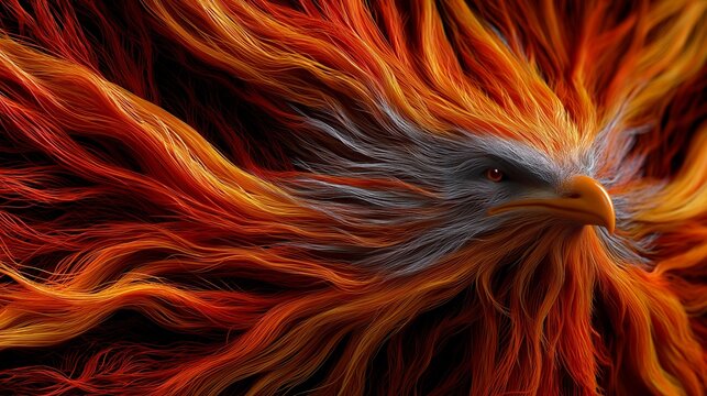 Abstrakter Feuervogel oder Ph&ouml;nix aus leuchtend roten, orangen und grauen Flammen auf schwarzem Hintergrund