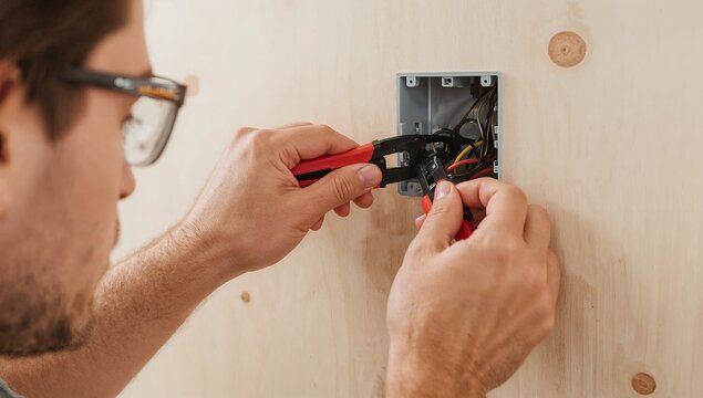 Close-up of a man carefully stripping electrical wires with pliers on a wooden wall, preparing for an outlet installation