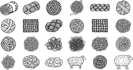 Hand-drawn Yarn Balls, Wool Textures, Fabric, and Sheep Vector Icon Set © pixerstock