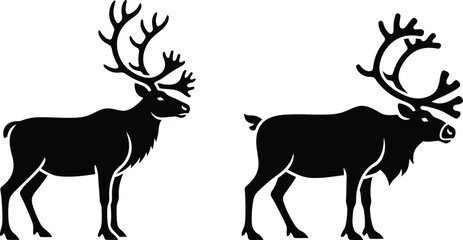 Two majestic reindeer silhouettes with impressive antlers on white background © MDSAMIN