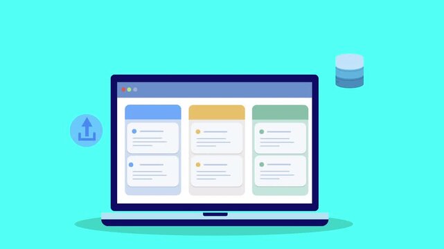 Flat vector animation of laptop dashboard with upload icon and database symbol representing cloud data upload, digital storage management, and online information systems.
