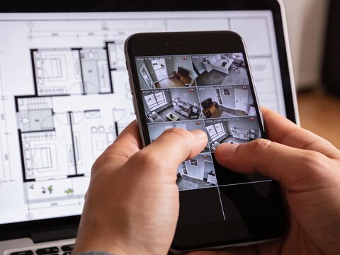 Home security system monitored via mobile phone app over building blueprint