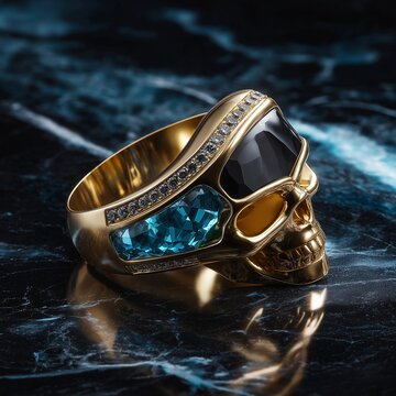 Goldener Totenkopf-Ring mit blauem Edelstein und schwarzem Onyx auf dunklem Marmor