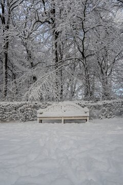 A winter scene with a bench and snow.