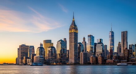 Obraz premium New York City skyline at sunrise with golden light.