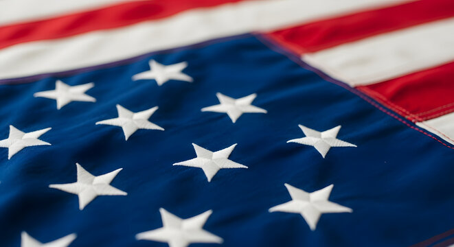 Close up of the american flag with white stars on blue background and red white stripes
