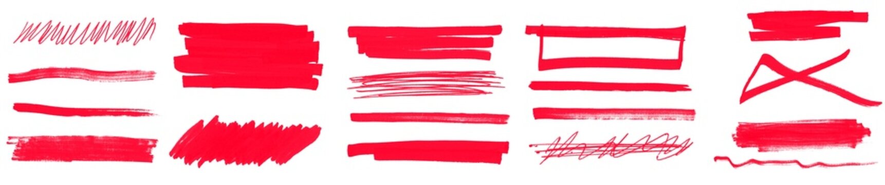 Set of Red Redaction Brushes, Marker Censor Strokes and Hand Drawn Red Blackout Lines Isolated on Transparent Background, png