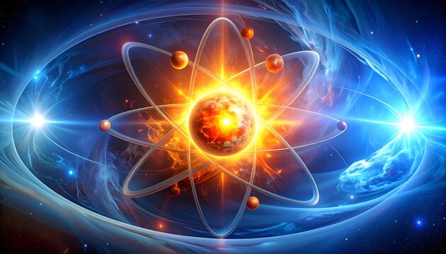 Abstract atomic structure with orbiting particles and glowing energy