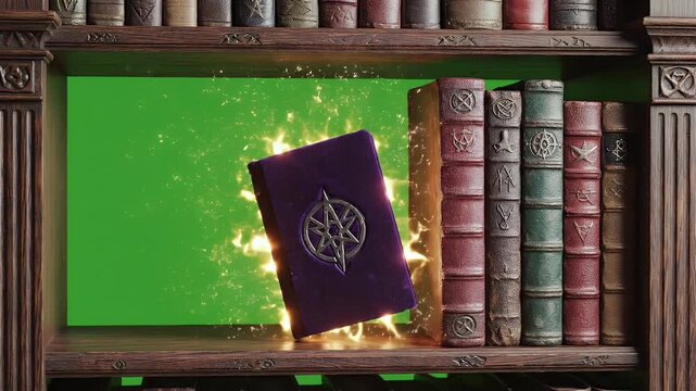 Enchanted Grimoire on a Magical Shelf with Green Screen Background and Sparkling Effects Ideal for Fantasy Visuals and Thematic Content Creation