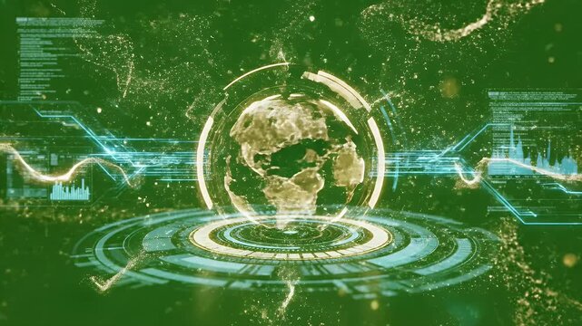 Futuristic tech graphic of energy burst over a circular platform with data displays