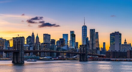 New York City skyline at sunset with Brooklyn Bridge.