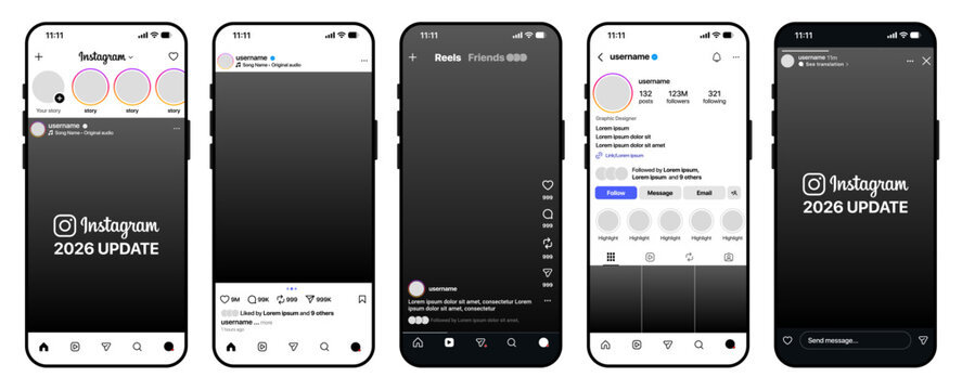 Instagram 2026 Update Interface Mockup for Feed Reels Story and Profile Screens Instagram 2026 UI Design Template for Social Media Feed Reels Story and Profile