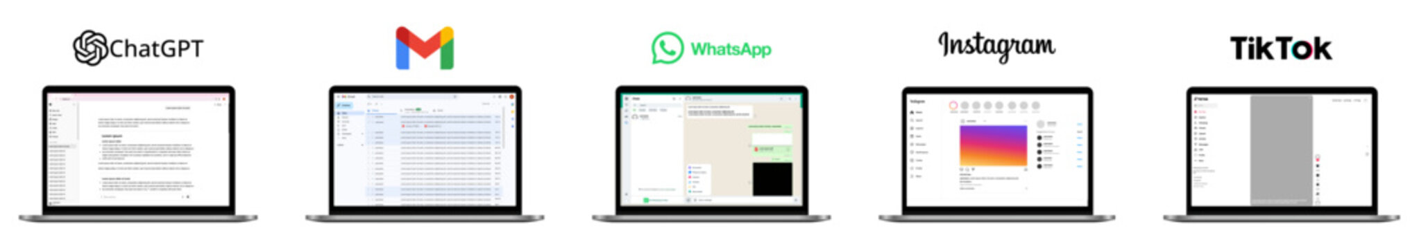 ChatGPT Gmail WhatsApp Instagram and TikTok Web Interface Mockup on Laptop ChatGPT Gmail WhatsApp Instagram TikTok Desktop UI Design Template for Web Applications