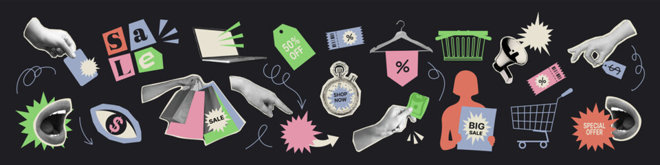 Sale and shopping collage element set. Cut out trendy illustrations with halftone hand holding a shopping bags, open mouths and cart. Modern retro vintage sticker style vector illustration.