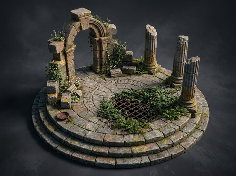 Isometric 3D Render of Ancient Ruined Stone Archway and Overgrown Well
