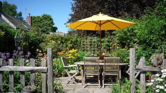 Sunny garden scene with outdoor dining set and vibrant flowers.
