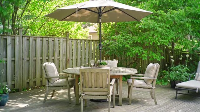 Wooden patio furniture with umbrella and lush green foliage in a backyard.