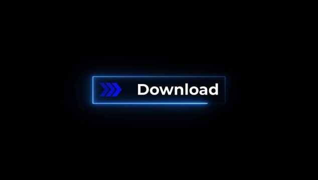 Neon download button animation on black background with arrows pointing right, glowing interface icon signaling click to start download.4k video