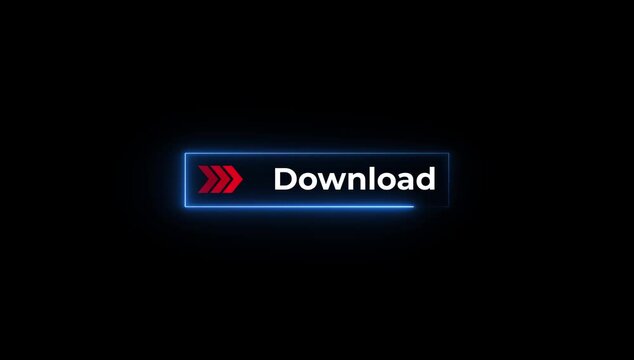 Neon download button animation on black background with arrows pointing right.4k animation