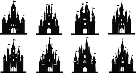 Obraz premium Collection of Black Medieval Castle Silhouettes and Fairytale Fortress Icons Set Isolated on White Background for Fantasy Game and Architecture Design