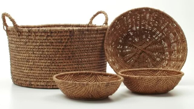 Woven baskets of various sizes arranged on a white background.