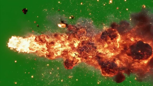 Explosive Fireball and Debris Sweeping Across Green Screen Seamless Loop Animation for Visual Effects and Compositing