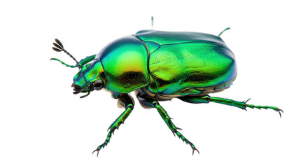 Isolated shiny green insect with long legs and antennae on a clean backdrop, macro photography