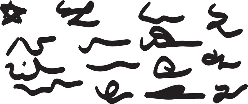 A collection of 15 unique black arabic calligraphy characters on a white background showcasing various traditional cursive script styles and lettering techniques