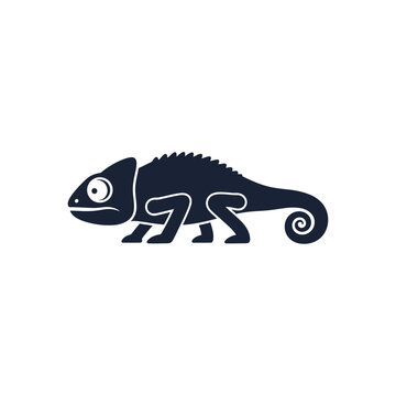 Silhouette of a chameleon with a curled tail, isolated on white background.