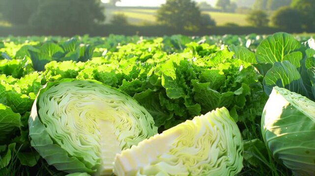 Fresh green cabbage heads grow in rows on a sunny agricultural field.