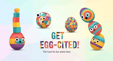Naklejka premium Whimsical Easter eggs with funny faces and geometric patterns celebrate 