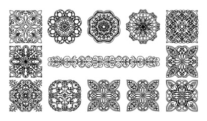 Intricate decorative patterns vector set with ornamental floral mandala and geometric designs isolated on transparent background