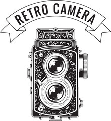 Retro camera twin lens reflex illustration with banner ribbon for photography enthusiasts and vintage technology collectors and studio art piece