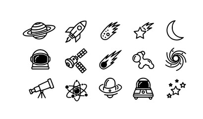 Space related icons vector set with planets rocket stars moon satellite and astronomy symbols isolated on transparent background © MdAshik