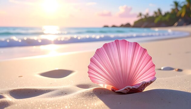 A pink seashell on a sandy beach at sunset (1)