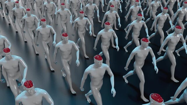 Seamless 4k loop video of walking figures with visible brains for collective intelligence and social behavior concepts