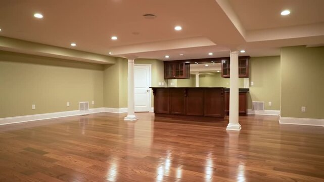 Empty polished wood floor in a finished basement with a built-in bar.