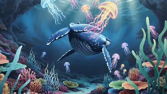 Giant blue whale gliding gracefully through a vibrant sunlit reef with jellyfish entourage