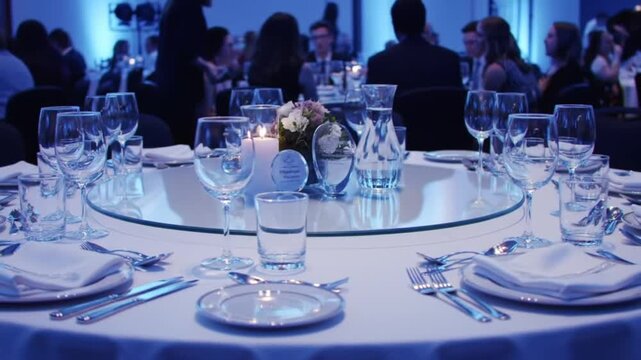 Elegant dining table setting with candlelight for a formal event.